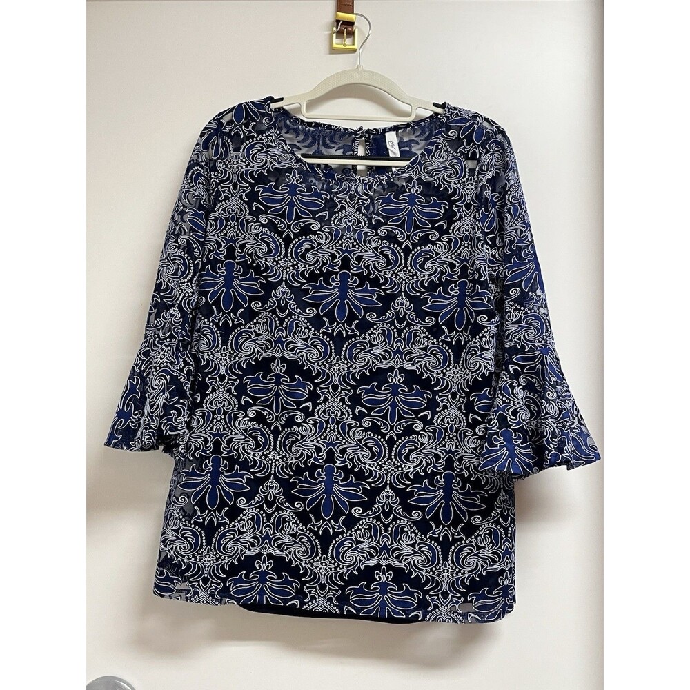 NY Collection Navy White Paisley Bell Sleeve Pull Over Lined Blouse Top XL NEW